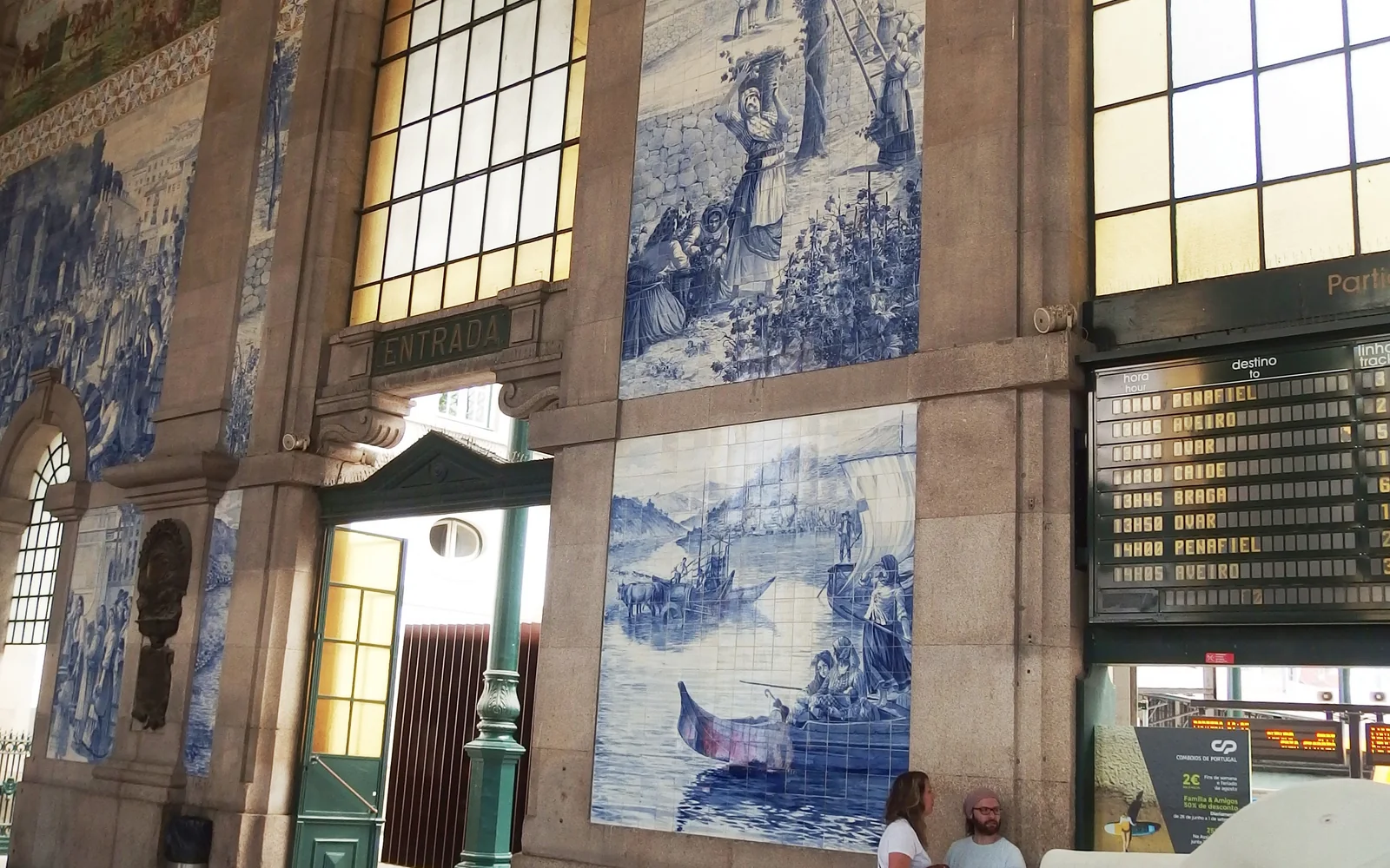 Blue-and-white azulejo panels inside Porto's Sao Bento railway station